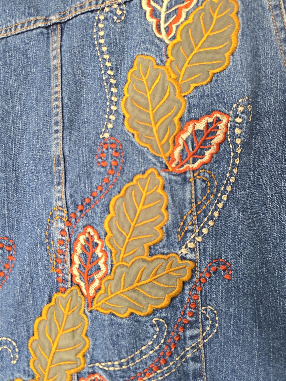 Embroidered Blue Denim Jacket with Fall Leaf Motif - Picture 13 of 17